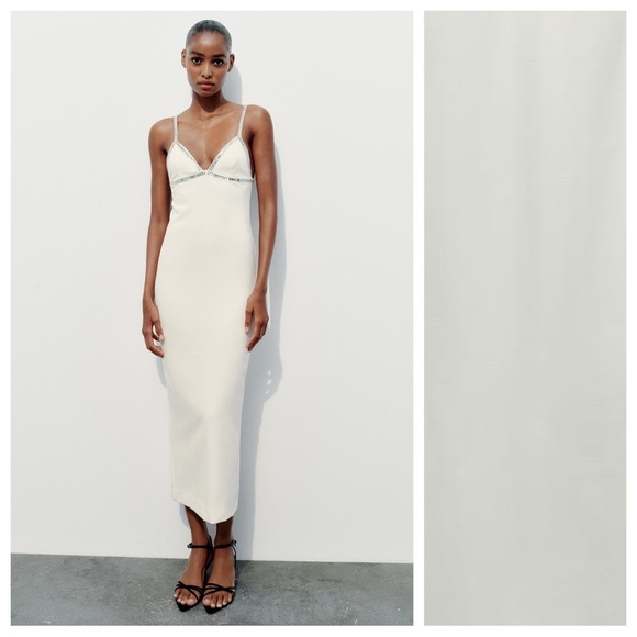 Zara Dresses & Skirts - NWT. Zara White Rhinestone Midi Dress with V-neckline. Size S.